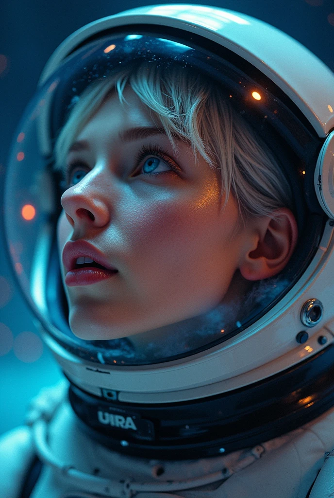 (Close-up of a better masterpiece:1.5)0.9], (Space and astronauts:1.2) (Messy silver hair:1.1) (Heterochromia xanthochromia and blue eyes:1.2) (Space Helmet:1.0) (Colored stars in the eyes:1.0) (A radiant glow:1.1) (thick lips:0.9)