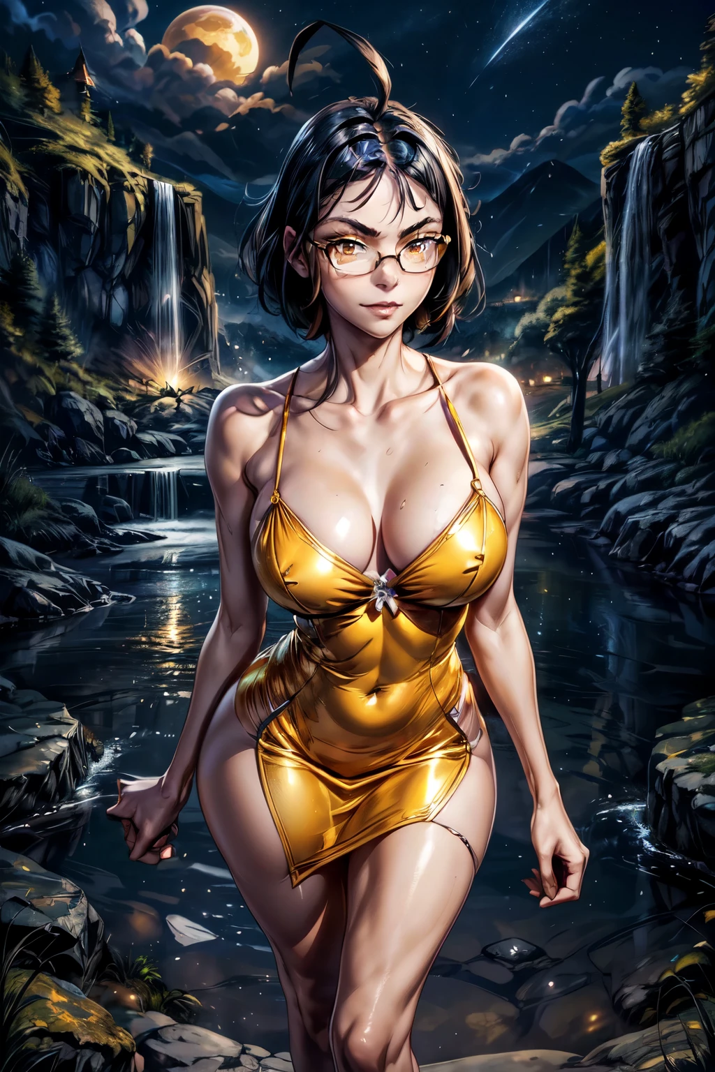 dynamic pose, clear light skin, 8k wallpaper, perfect lighting, masterpiece, older slim fit girl, full body shot, rounded face, very short disheveled dark blue hair, (big yellow eyes:1.2), shy smile, perfect medium breast, look at you, (ahoge:1.2), (megane:1.3), elegant tight evening dress, very short dress, tight dress, sexy dress, very long fit leg, narrow hips, hold hands behind back, artwork, good hands, best hands, face, landscape background