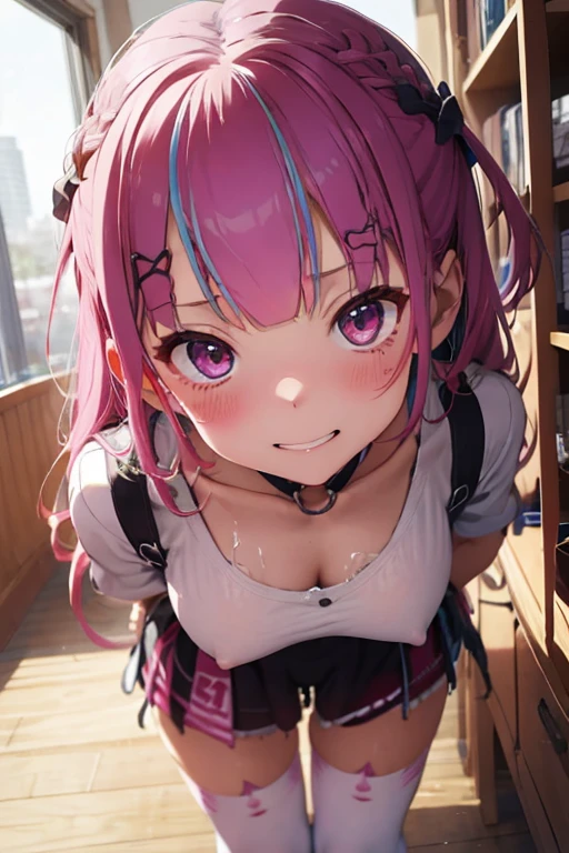 Futanari、Has male genitalia、Having an erection、Cowper dripping、Showing off male genitalia、{best quality}, {very aesthetic}, {ultra-detailed}, {best illustration}, nsfw, vagina、Bangs、Small breasts、girl、tall、show off pussy、urethra、Anatomically correct、Crying face、smile、Embarrassed、Pink Hair、Bukkake、White knee-high socks、あひる座り