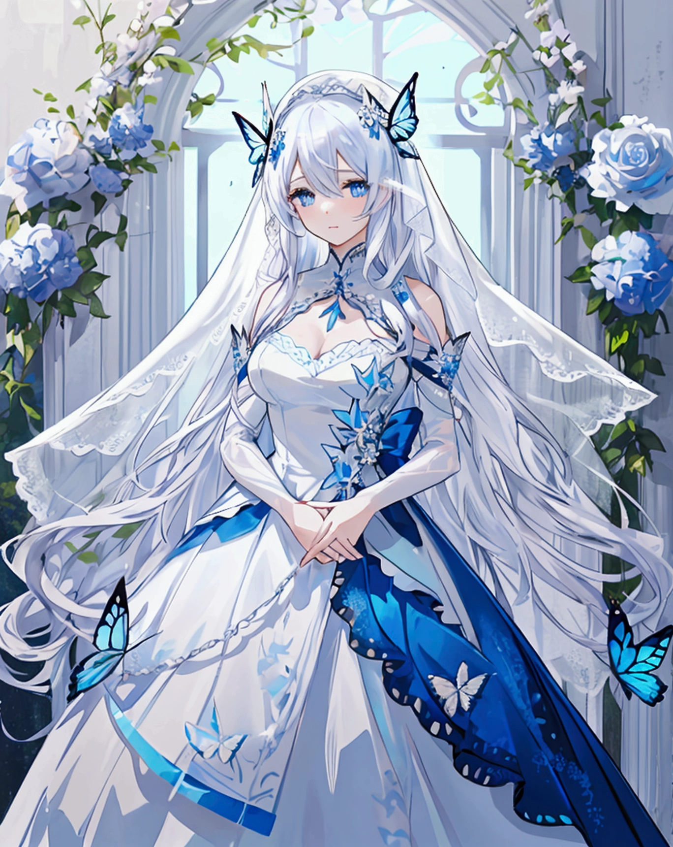A woman with white hair and blue eyes、adult、Long and wavy hairstyle、White Veil、dress、Butterfly on hand々There are、Blue Butterfly々、White, blue or light blue flowers、Fantasy