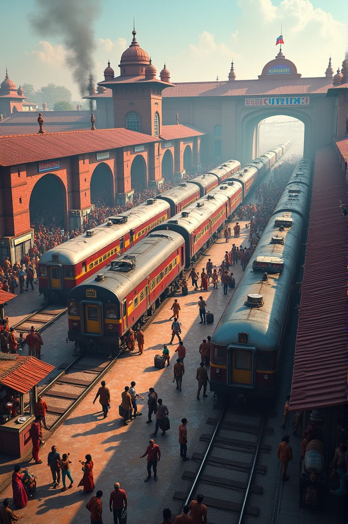 "Generate a detailed image of the Mahoba railway junction in India. The scene should depict a bustling railway station with a variety of trains, platforms filled with passengers, and distinctive elements of Indian railway infrastructure. Include signage in Hindi and English, traditional station architecture, and the vibrant, busy atmosphere typical of an Indian railway junction."