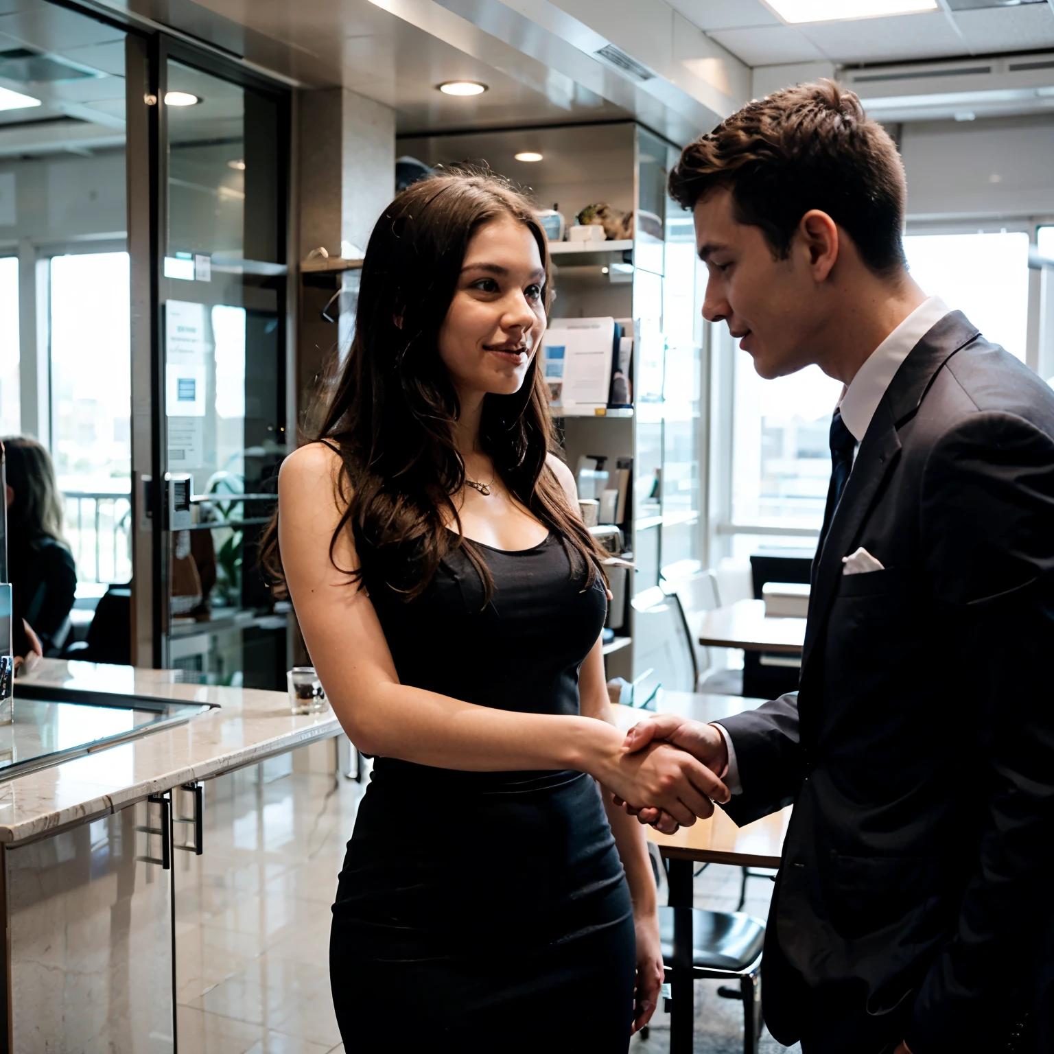 Beautiful albino business woman handshaking a young business
man, looking at each other.