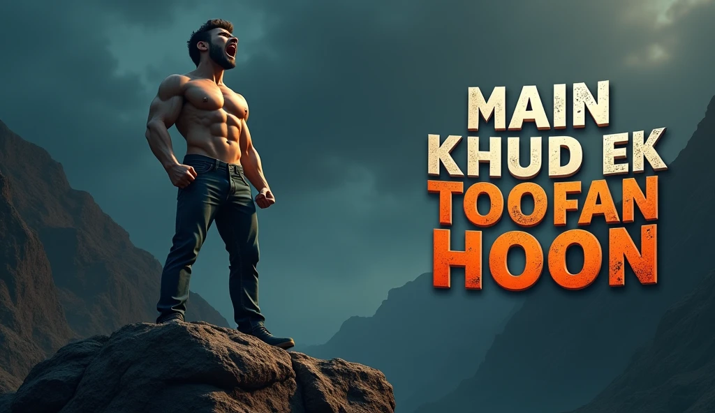 A captivating and unique 3D render illustration of A Angry Young Man . This man has the muscular body, complete with a chiseled six-pack, the  and he is roaring to sky, with lion-like hands. Standing confidently on an Mountain Rock it should be Framed in left side of the image. The background is a Dark Australian forest, with sense of danger. The overall ambiance of the image is bold and eye-catching, perfect for a profile picture or a striking poster. and the Right side of the frame bold Text  "Main Khud ek toofan hoon" Should be located and text should be look so real and attractive.Try to delete the errors of this picture and make it look as fine as possible, but also keep the same gbasic idea., 3d render, illustration, poster and it should be in detail And image frame Ratio should be 16:9 