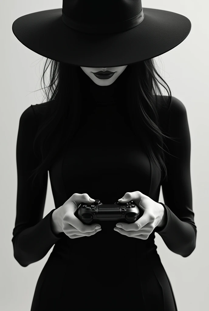 Create a girl in a black jumpsuit with long sleeves with a hat covering her eyes and with a video game controller in her hands.