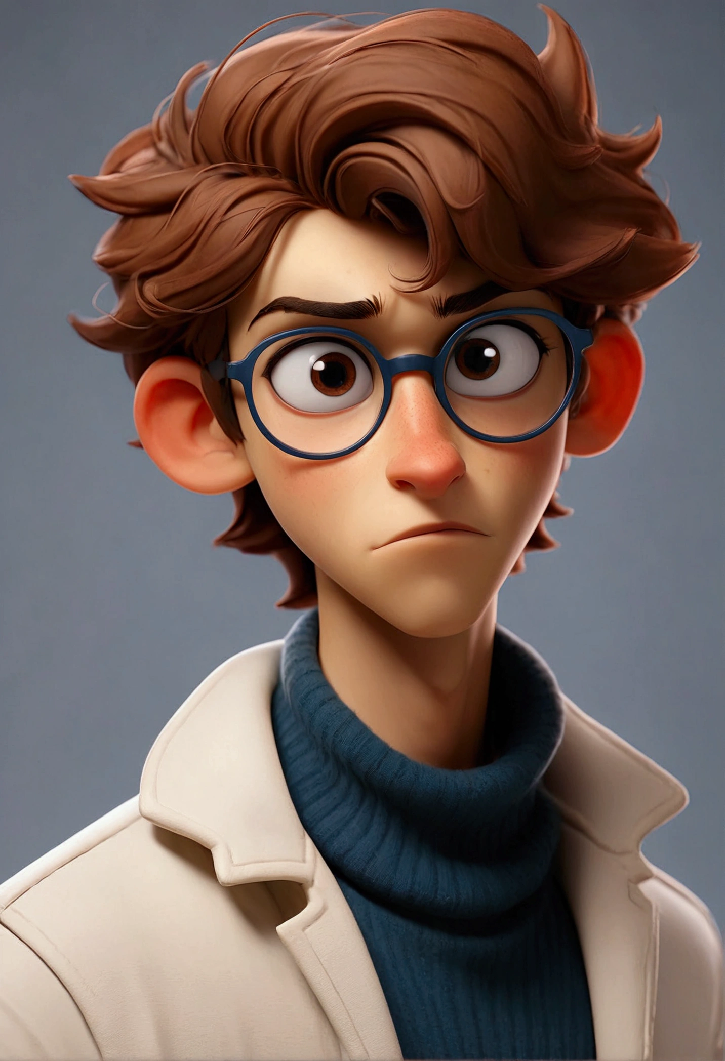 A young man of , with brown disheveled hair, cute face, boxy face, wearing bluish spectacles and brown eyes, wearing white turtleneck.