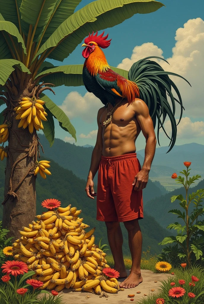 A man who has a cock-of-the-rock on his shoulder and on the ground there is a pile of cantuta flowers and a tree full of bananas