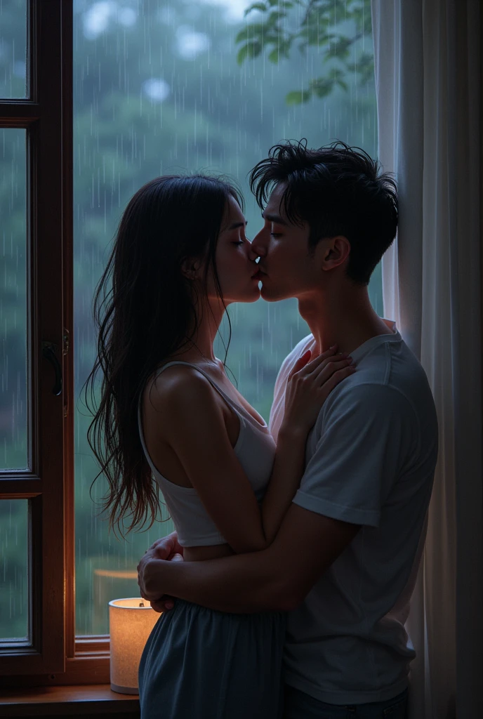 A teen age couple hug each other, rain, drops, roads, street lights, grass on road, light water on road, drops of rain. High Resolution, Masterpiece, Accurate, Detail, Textured Skin, UHD, Breasts, Long Hair, Short Hair, Blonde Hair, Black Hair,