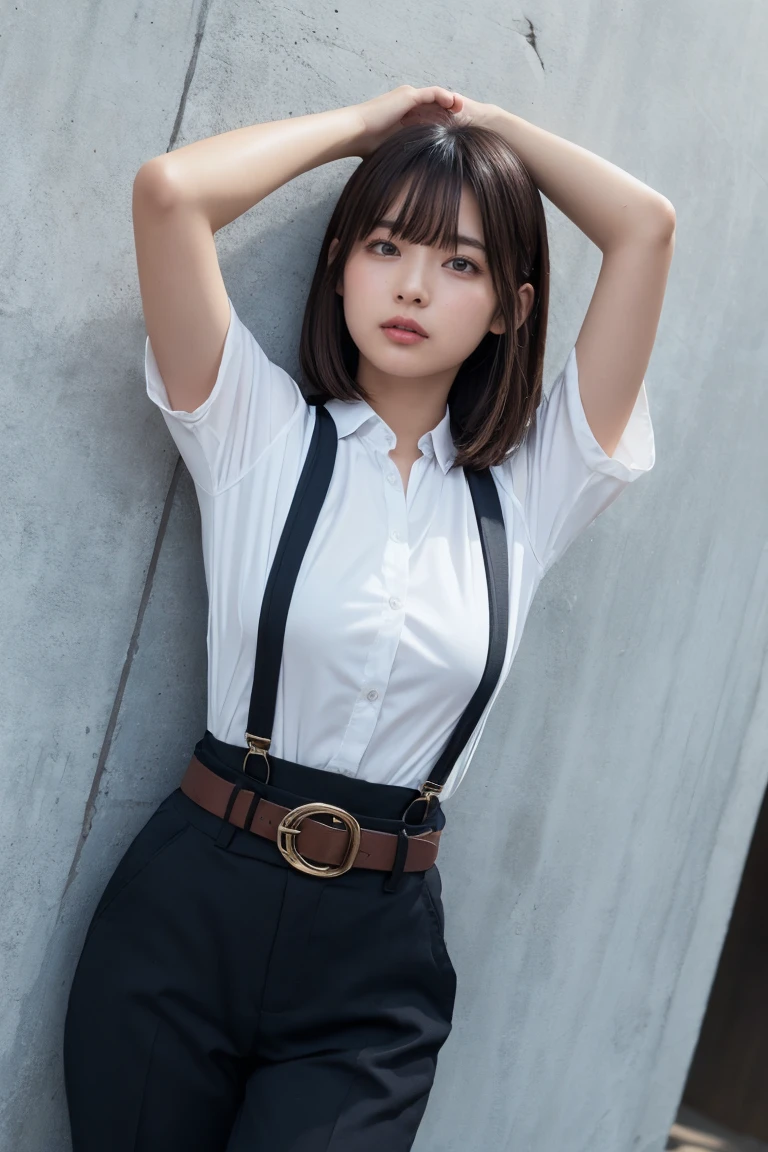 masterpiece、Flat Color、Depth of written boundary、Lens Flare 1 Girl、、Brown Hair、Staring at the audience belt Black suspenders Plump breasts Armpit sweat sweating Sides of both hands wall: Black trousers, sight Small face bangs over eyes Aside Cutter Shirt huge、Age 25