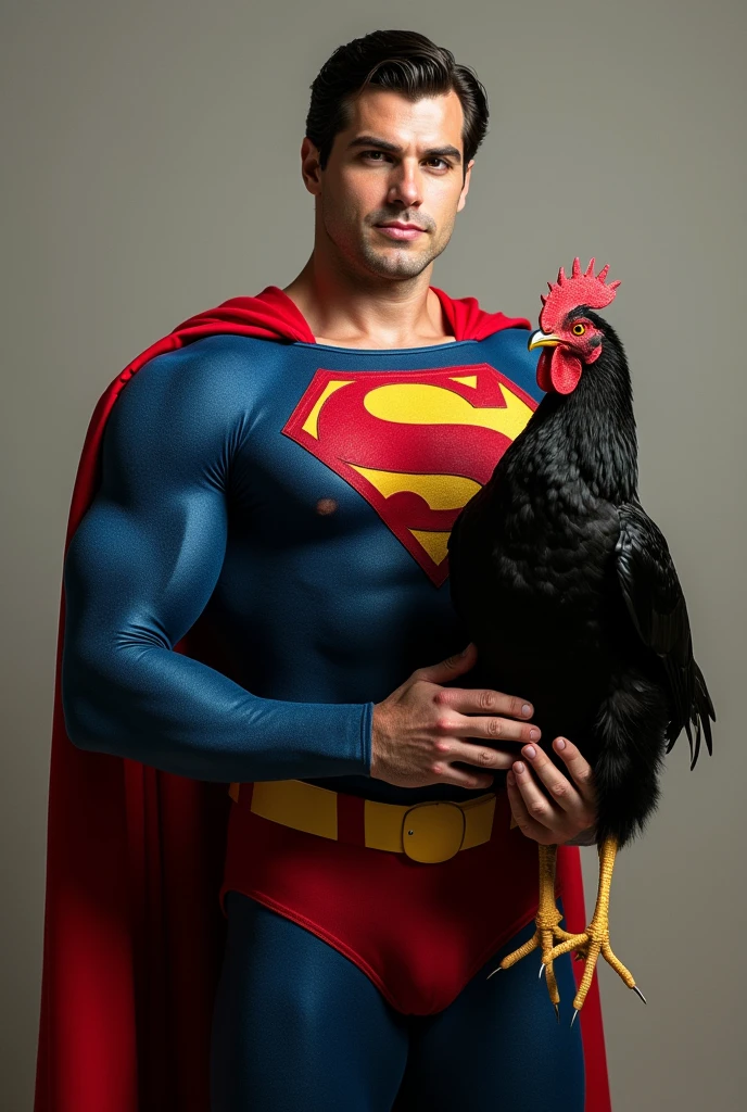 Superman holding a black chicken by the neck