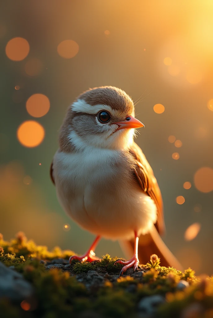 A mesmerizing close-up portrait of a gorgeous little bird illuminated by the soft, golden light of a tranquil morning, with vibrant bokeh balls gently framing its delicate form.