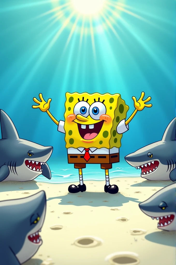 SpongeBob bossing sharks on a beach 