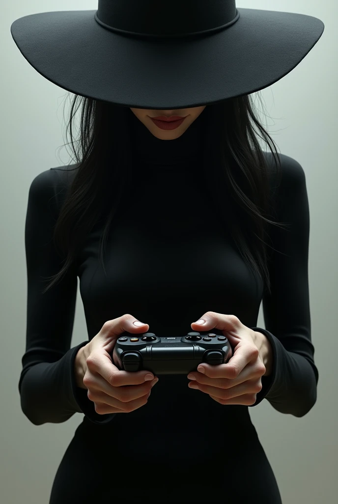 Create a girl in a black jumpsuit with long sleeves with a hat covering her eyes and with a video game controller in her hands.