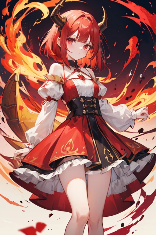 Cute girl with short red shoulder-length hair with dragon horns and fire around, con un vestido marron con rojo y blanco con detalles dorados con un small dragon on the shoulder, dress similar to that of a medieval period, with the brown skirt, Coffee skirt, small dragon on the shoulder, red dragon behind her