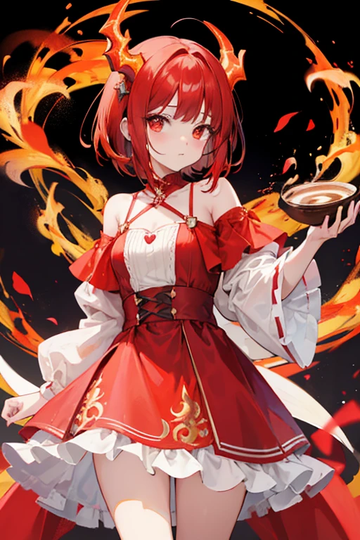 Cute girl with short red shoulder-length hair with dragon horns and fire around, con un vestido marron con rojo y blanco con detalles dorados con un small dragon on the shoulder, dress similar to that of a medieval period, with the brown skirt, Coffee skirt, small dragon on the shoulder, red dragon behind her 