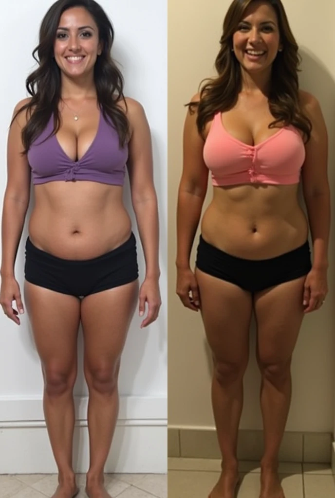 Before and After Transformation: A side-by-side comparison of Beatriz Lima at her heaviest (105 kilos) and her lightest (55 kilos), showcasing the dramatic change in her physique.