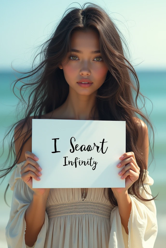 Beautiful girl with wavy long hair, bohemian dress, holding a white board with text "I Love Seaart Infinity" and showing it to the viewer