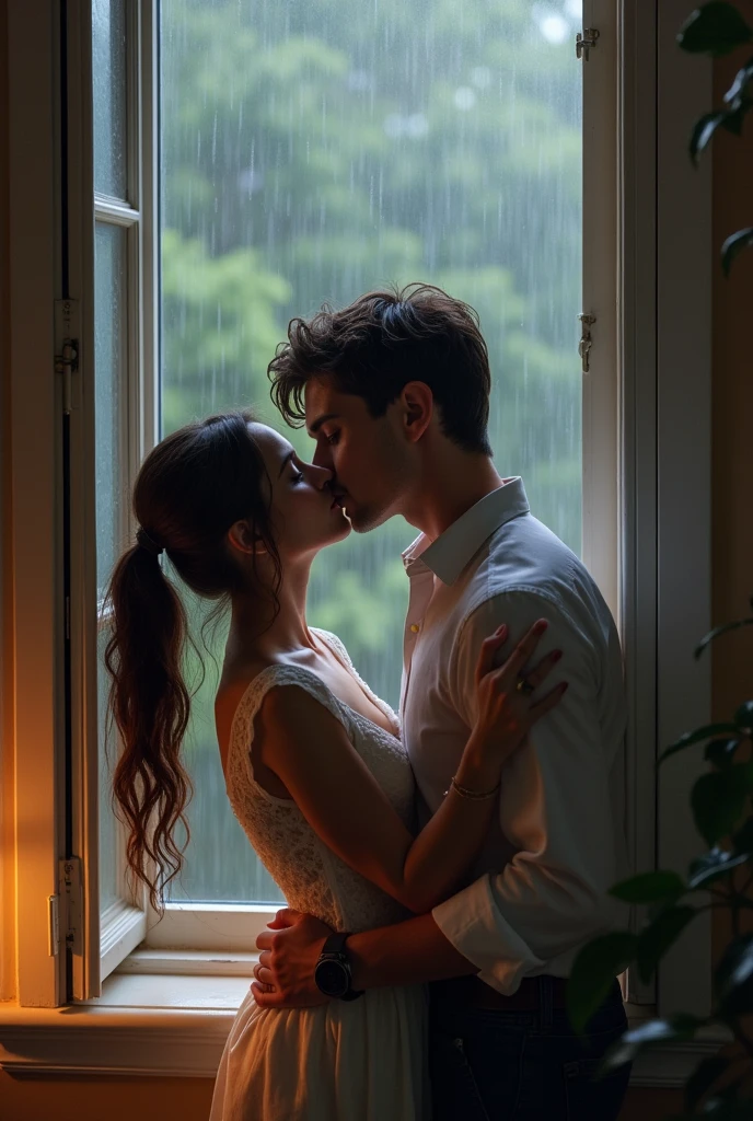 A couple, the girl hanging her head outside the opened window putting her head backwards facing up outside the window & the guy kissing her raining ( the girl's head should be laying out of he window)