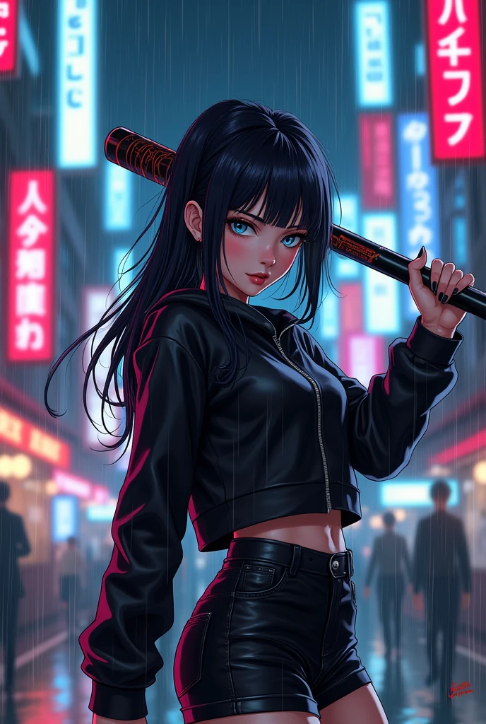 Anime illustrations In the neon lights of Kabukicho、Glaring at me with a metal bat。
A cute girl with a good appearance。
The outfit is black and street fashion. It's raining.