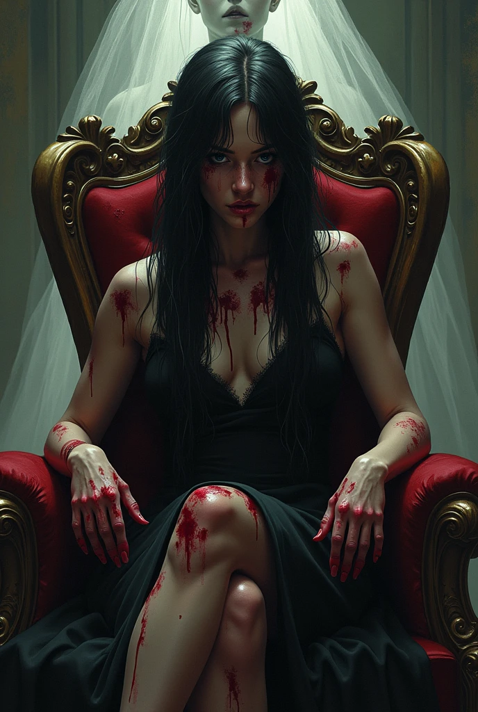 A murderous girl stained with blood sitting on a mafia throne and behind her appears the headless bride and that the bride has no head and is a drawing, that the bride's head is holding the bride in her hand