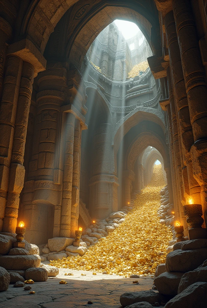 [Core Concept] A breathtaking scene depicting the ancient and legendary treasury of the dwarven people, a hidden wonder filled with untold riches and mystical artifacts.

[Character Description] Towering stone columns and archways carved with intricate dwarven runes and patterns stand guard over the vast chamber, hinting at the skilled craftsmanship and engineering prowess of their creators.

[Environment/Background] The treasury is set deep underground, the vaulted ceilings illuminated by the warm glow of glowing gemstones and flickering torchlight, casting a rich, golden ambiance throughout the cavernous space.

[Style and Atmosphere] An atmosphere of reverence and awe permeates the scene, as if the viewer is granted a rare glimpse into the sacred, time-honored traditions and wealth of the dwarven civilization.

[Composition] The composition features a sweeping, panoramic view that captures the grand scale and imposing majesty of the dwarven treasury, drawing the eye towards the central hoard of precious metals, jewels, and ancient artifacts.

[Details and Embellishments] Intricate carvings, gilded accents, and the occasional sighting of a dwarven guardian or wandering scholar add to the sense of mystique and wonder, hinting at the untold stories and history contained within this hidden, subterranean realm.

[Technical Specifications] The image should be rendered in a highly detailed, photorealistic style, with a focus on capturing the magnificent architecture, the opulent treasure hoard, and the overall sense of grandeur and timelessness that defines the ancient treasury of the dwarves.
