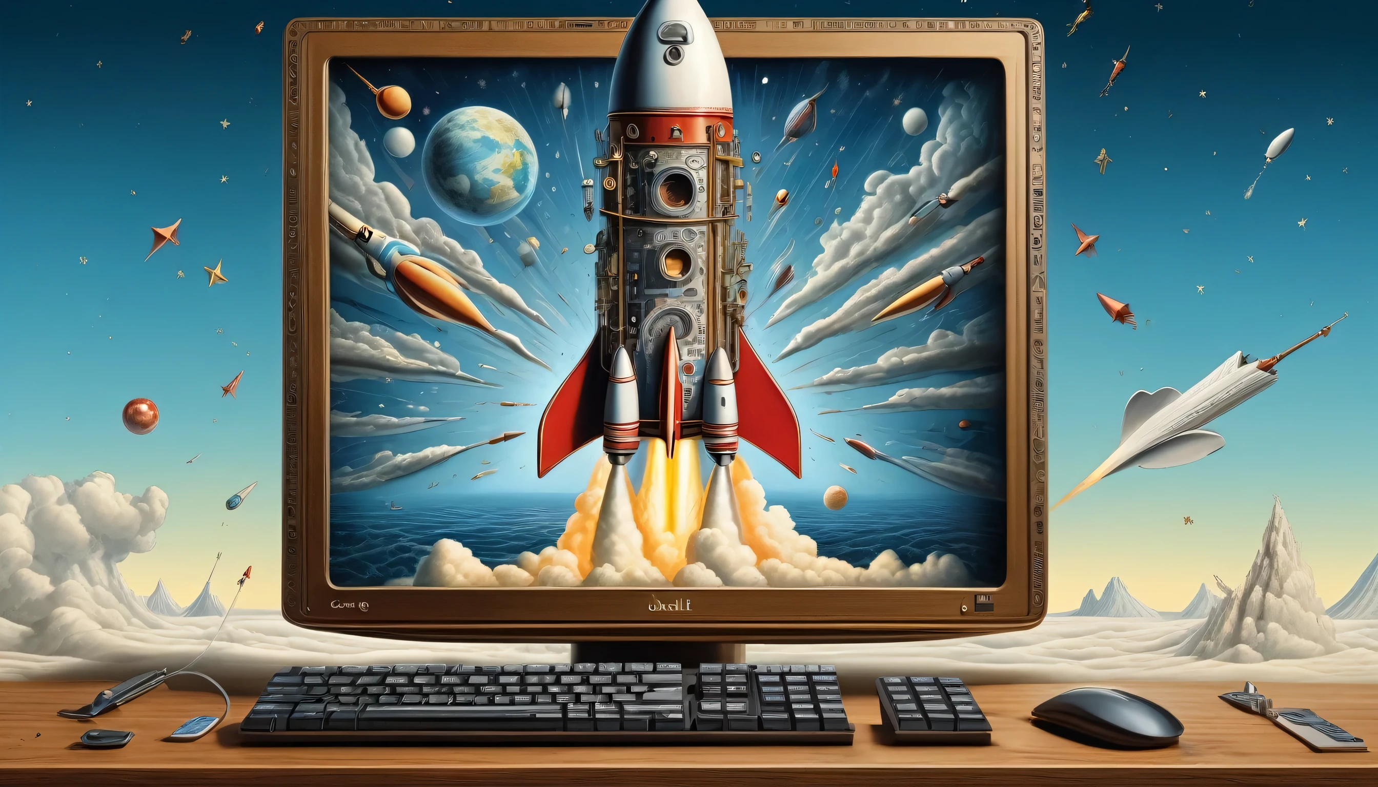 Create a surrealist style image of a rocket launching from inside a computer, featuring (((intricate details))), (((best quality))), (((extremely detailed quality))), and (((complex composition)))." | Related artists: Salvador Dalí, René Magritte, Giorgio de Chirico