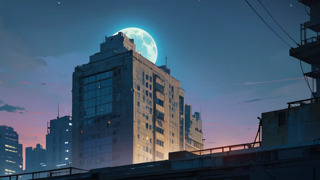 make the top of a building at night. in an abandoned city taken over by plants. the sky is clear and the moon is full.