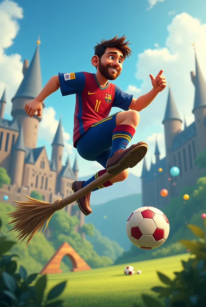 messi sitting flying on harry potter's broom playing quidditch animated