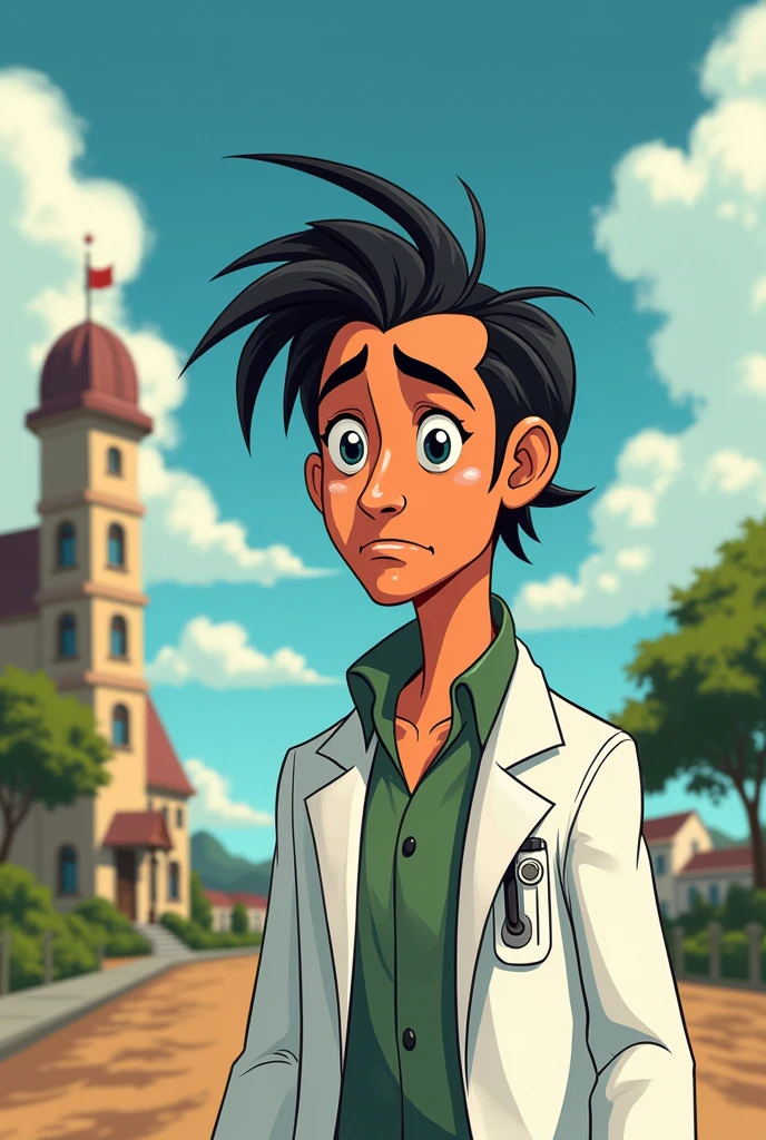 Drawing in the style of Disney cartoons It is inspired by the work of the book by Machado de Assis or alienist Dr. Simão Bacamarte:
Draw a Disney cartoon portrait, his stylized, with a thoughtful or intense expression. It could be with a medical coat and a concentrated expression.
Asylum Behind or next to Bacamarte, draw a simple building that represents an asylum, with some windows and a hospital structure.
Additional Elements:
city environment:
Draw some simple houses or trees in the background to represent the city of Itaguaí.
Symbols of Sanity and Madness:
Desenho estilo disney