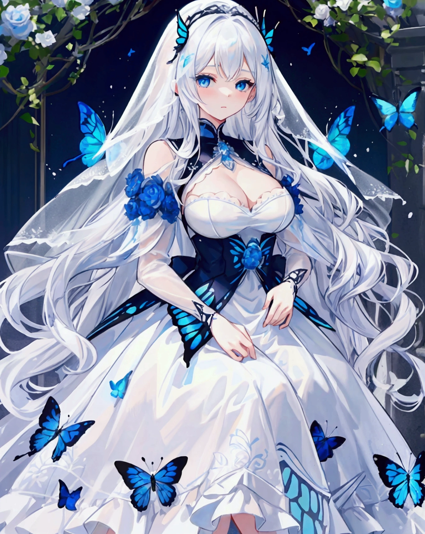A woman with white hair and blue eyes、adult、Long and wavy hairstyle、White Veil、dress、Butterfly on finger々is stuck、Blue Butterfly々、White, blue or light blue flowers、Fantasy
