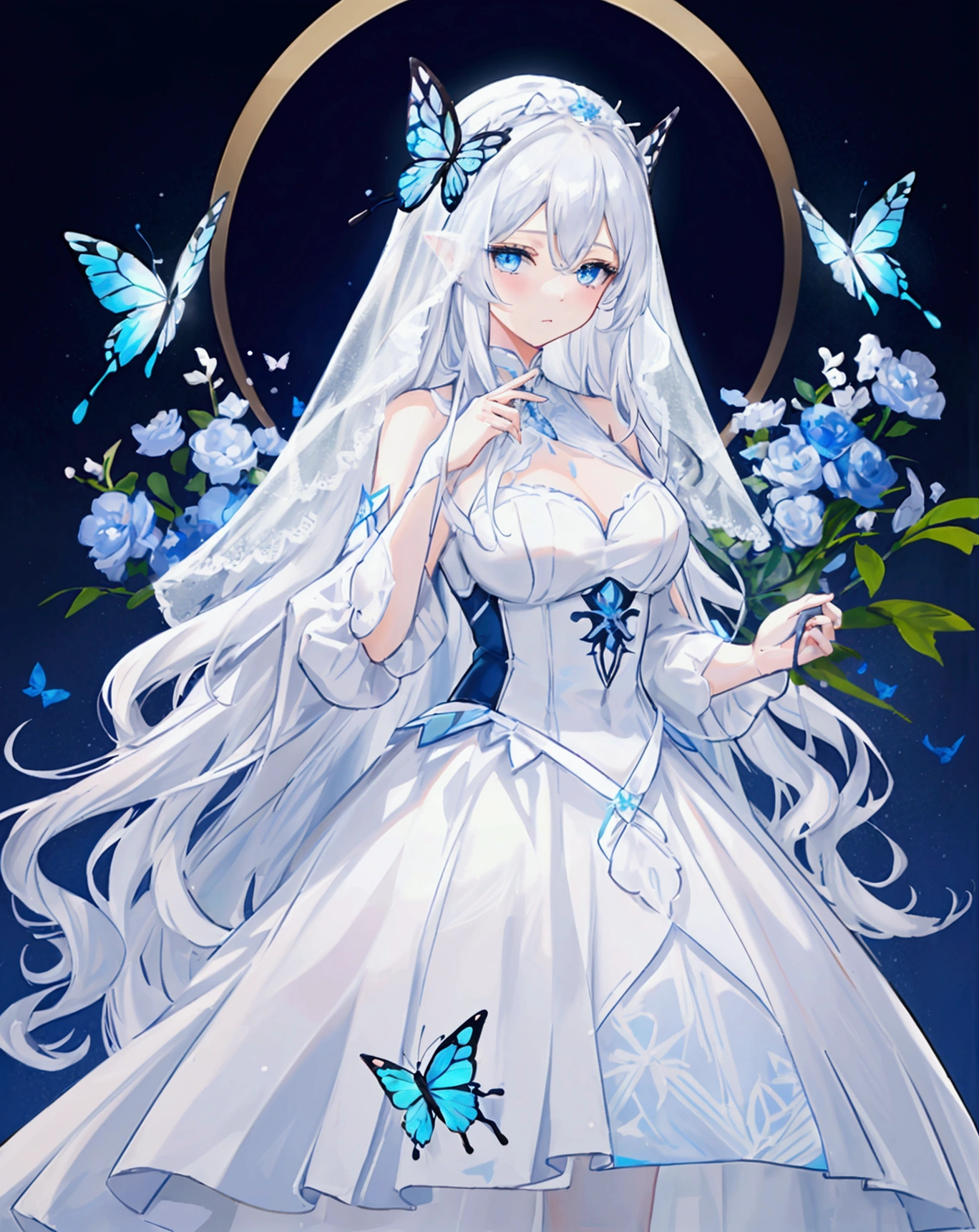 A woman with white hair and blue eyes、adult、Long and wavy hairstyle、White Veil、dress、Butterfly on finger々is stuck、Blue Butterfly々、White, blue or light blue flowers、Fantasy