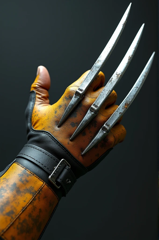 Design an image featuring Wolverine's iconic claws extended from his gloved hand, without showing the rest of his body. The hand should be positioned in the classic crossed style that Wolverine is known for, with the claws prominently displayed and the gloves detailed with a rugged, battle-worn look. The background should be minimalistic to keep the focus on the claws and gloves
