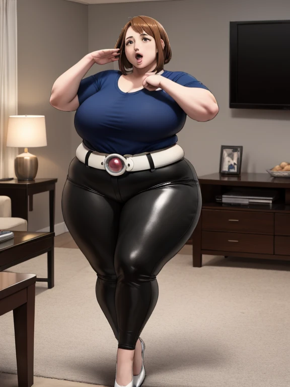 high quality, best quality, beautiful, perfect lighting, detailed face, mature face, ((1girl)), ((solo)), Imagine Ochaco Uraraka as an adult, 45 years old, mature face, fat face, chubby cheeks, slight wrinkles around the face, motherly, mom, MILF, plus sized milf, short brown hair, brown eyes, excited, cheering on, open mouth, looking at viewer, ((Wearing: dark blue shirt,black leather pants, white belt and white heels), ((motherly breasts)), wide hips, thick thighs, chubby, love handles, muffin-top, round belly, living room, right arm raised in the air, hands clenched into a fist