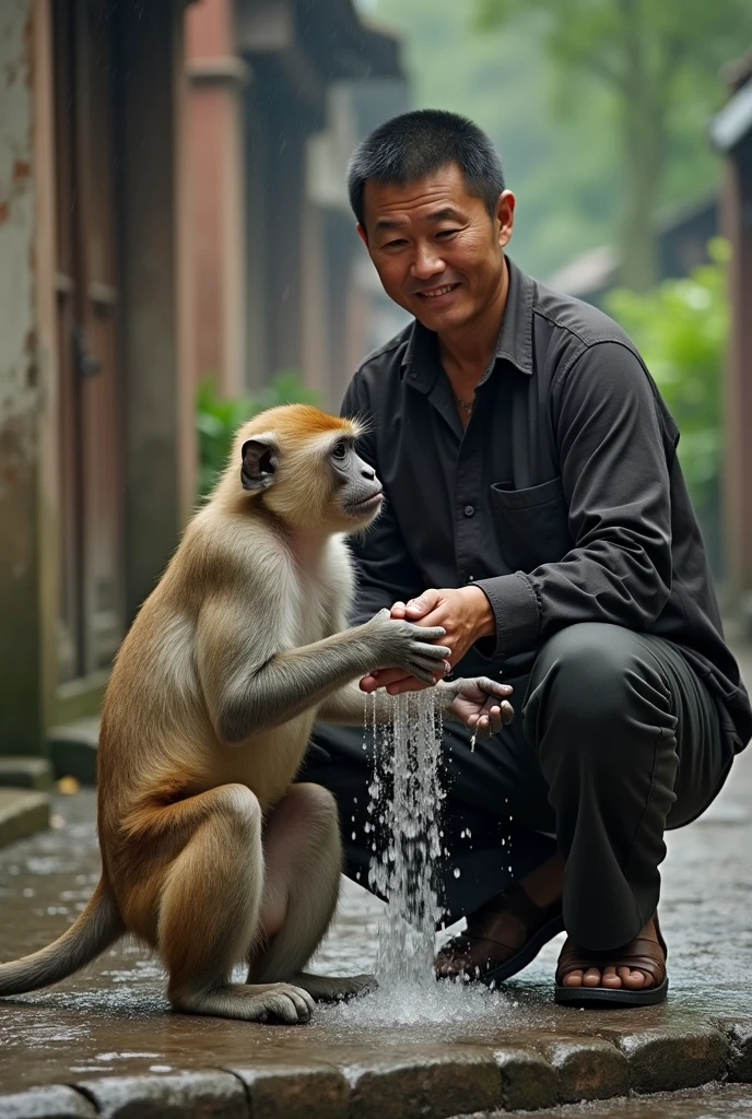 Chinese man charging 5 dollars to wash a monkey