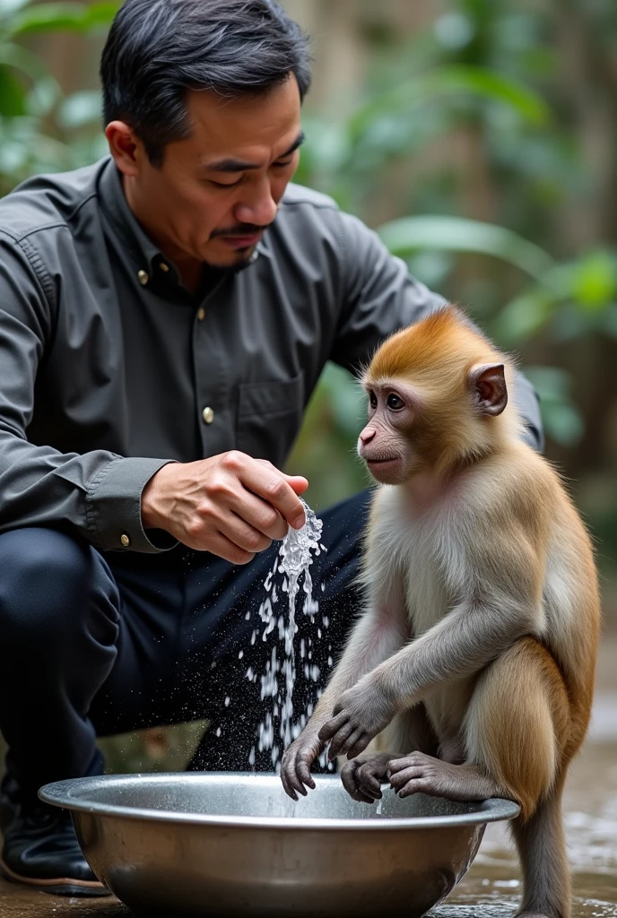 Chinese man charging 5 dollars to wash a monkey