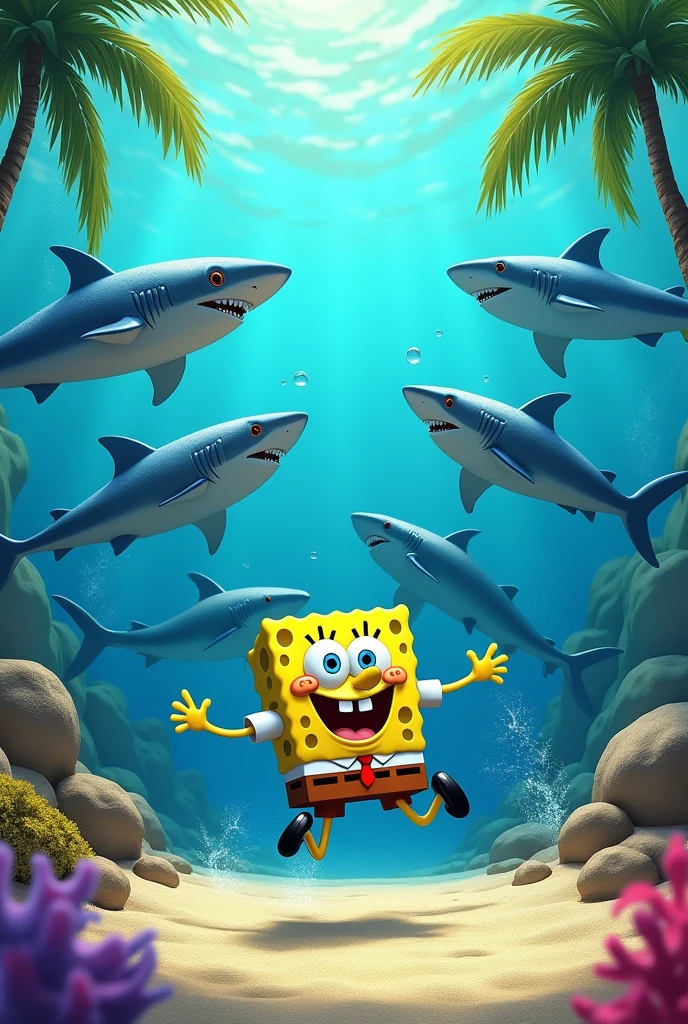 Spongebob swimming with sharks on a beach