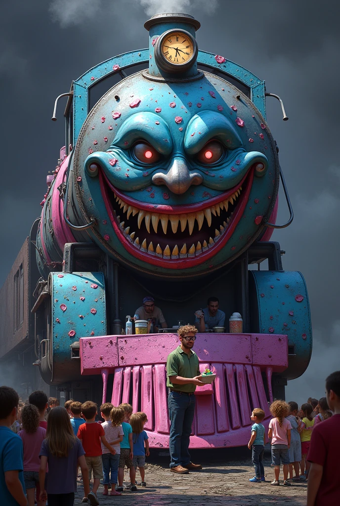 Scary smiling super super male gender train with ice cream decoration in vibrant blue and pink tones and with a black and purple background degraded to each other and with a man serving ice cream to boys and girls
