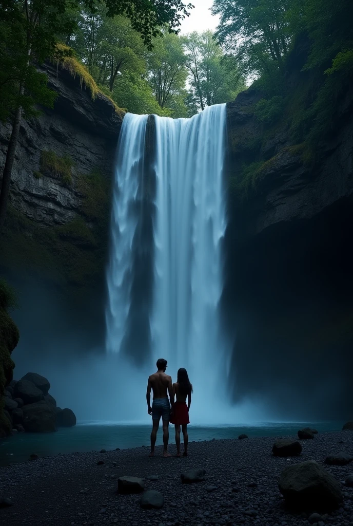 couple at night at a waterfall without any clothes with trees around