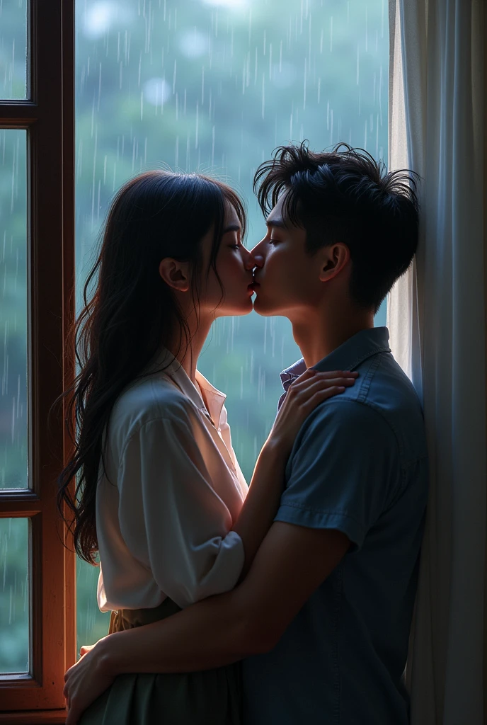 A couple, the girl hanging her head outside the opened window putting her head backwards facing up outside the window & the guy kissing her raining ( the girl's head & hair should be hanging out of the window)