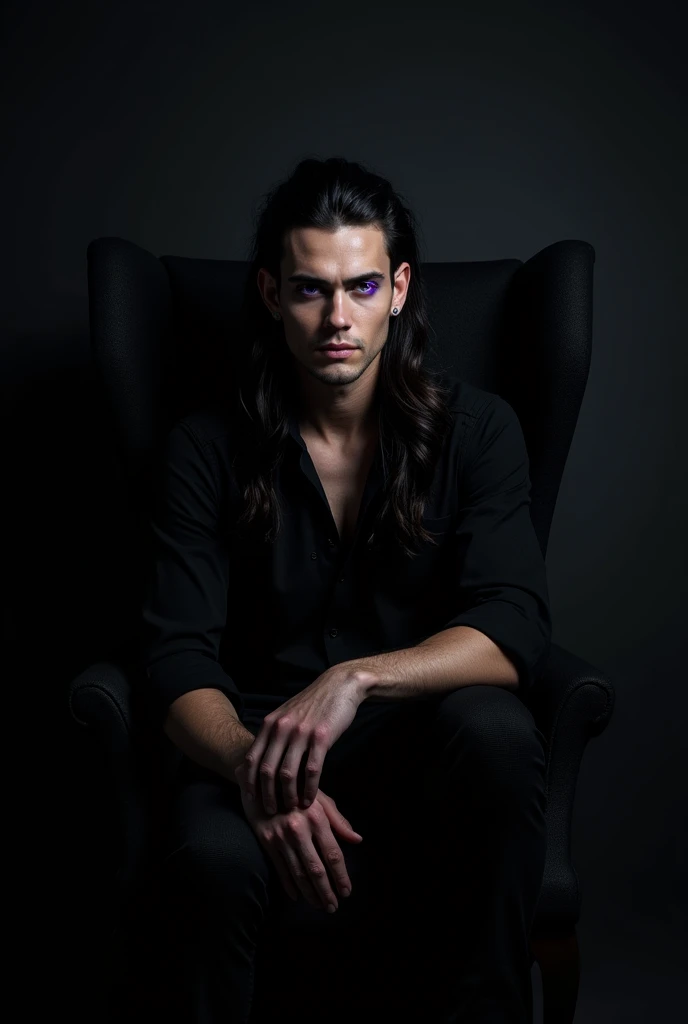 a man with pointed ears with purple eyes with long dark hair, sharp facial features sitting in a black chair

