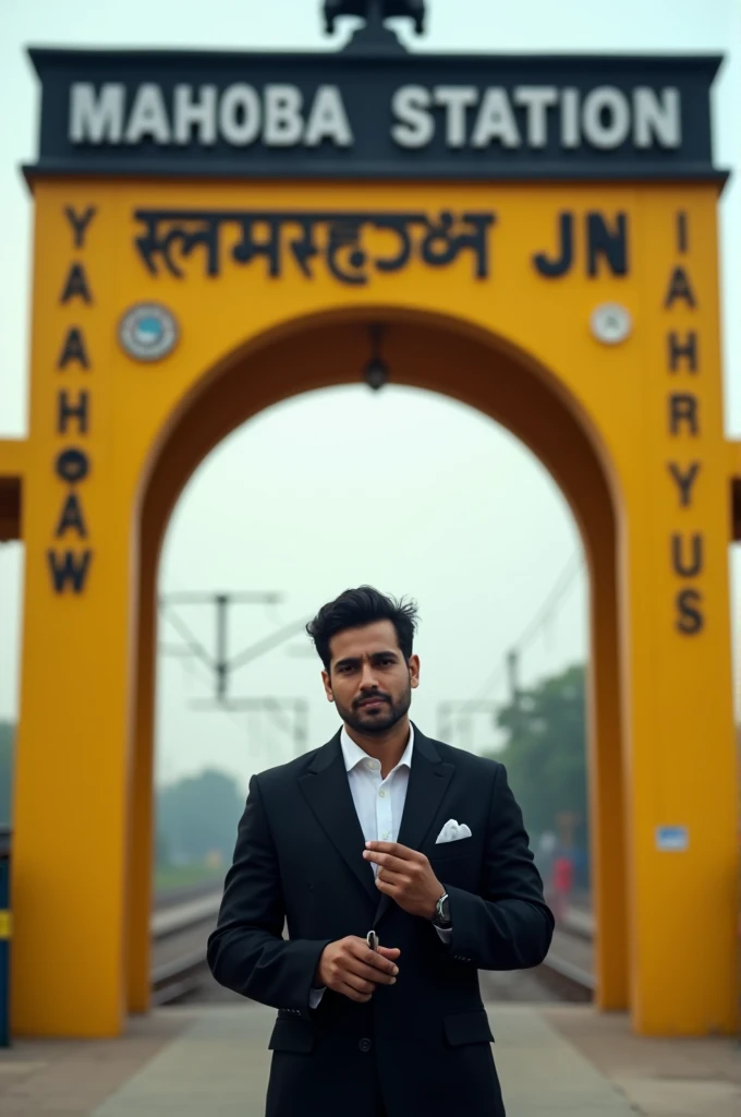 A captivating photograph of an Indian railway station, Mahoba Junction. The archway is painted yellow with a black top, displaying the station name in both Hindi ("महोबा जं") and English ("MAHOBA JN"). Underneath the archway, a man dressed in a black suit and white shirt is standing, smoking a cigarette and holding a lighter in his right hand. The background shows a clear sky and the railway infrastructure, giving off an air of adventure and travel.