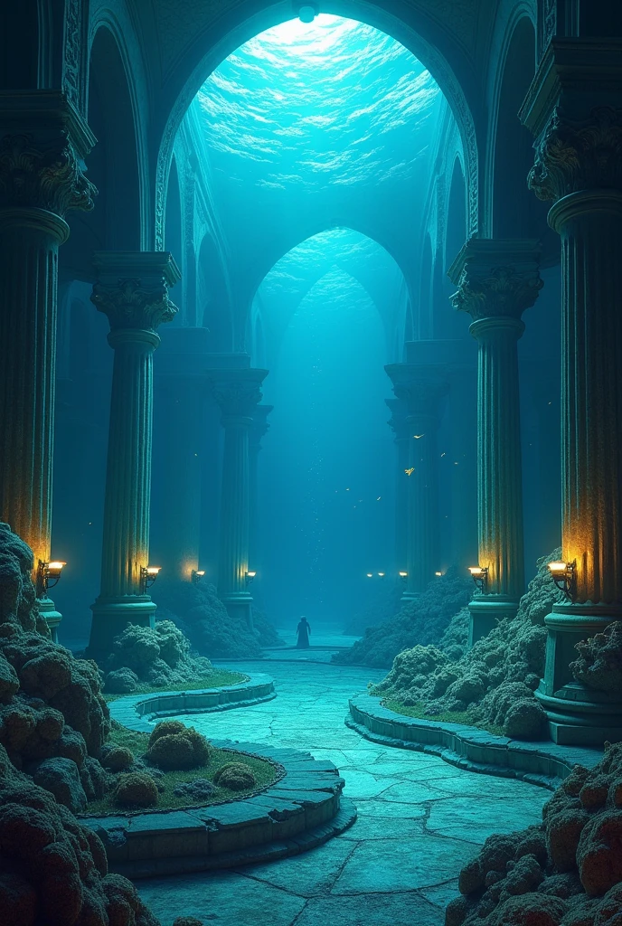 Cree moi un immense hall d'un vieux temple sous marin avec un hôtel où l'eau n'a pas peur entree