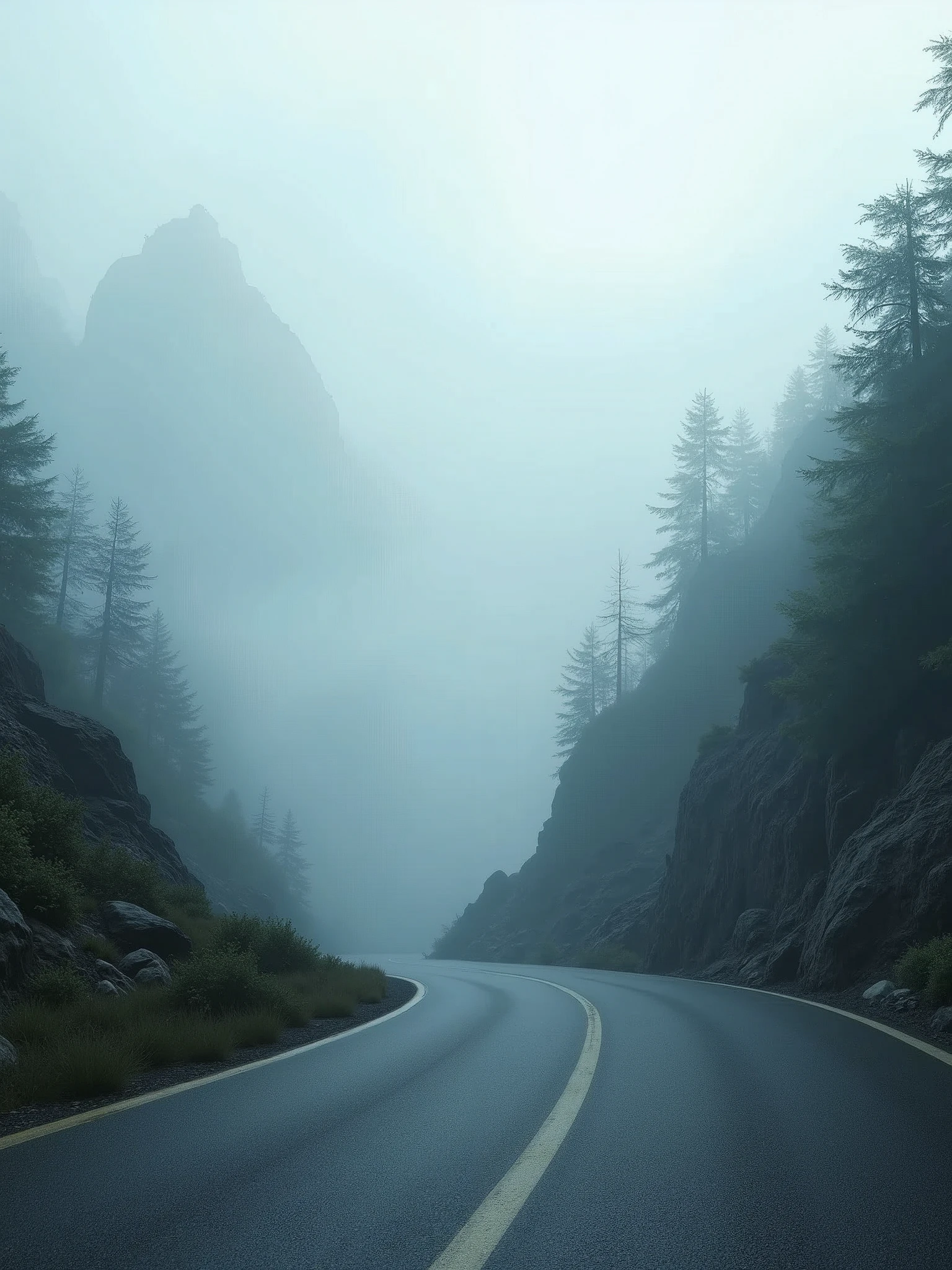Feel the serenity and mystery of foggy mountain roads, captured with extraordinary depth and sharpness in Ultra HD