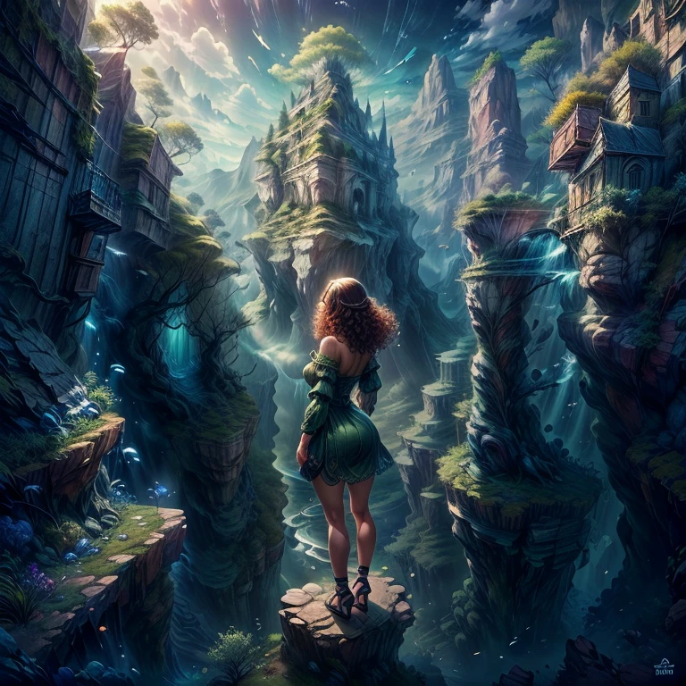 masterpiece, best quality, 1girl, long dark brown hair, curly hair, beautiful woman on the edge of a mountain canyon in a beautiful old celtic dress; dressed in a combination of various shades of green; vintage sandals, well-defined thighs, back side view, isometric perspective, masterpiece, UHD