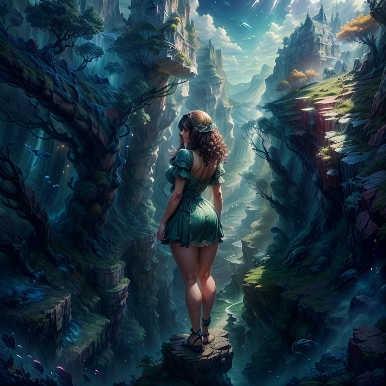 masterpiece, best quality, 1girl, long dark brown hair, curly hair, beautiful woman on the edge of a mountain canyon in a beautiful old celtic dress; dressed in a combination of various shades of green; vintage sandals, well-defined thighs, back side view, isometric perspective, masterpiece, UHD