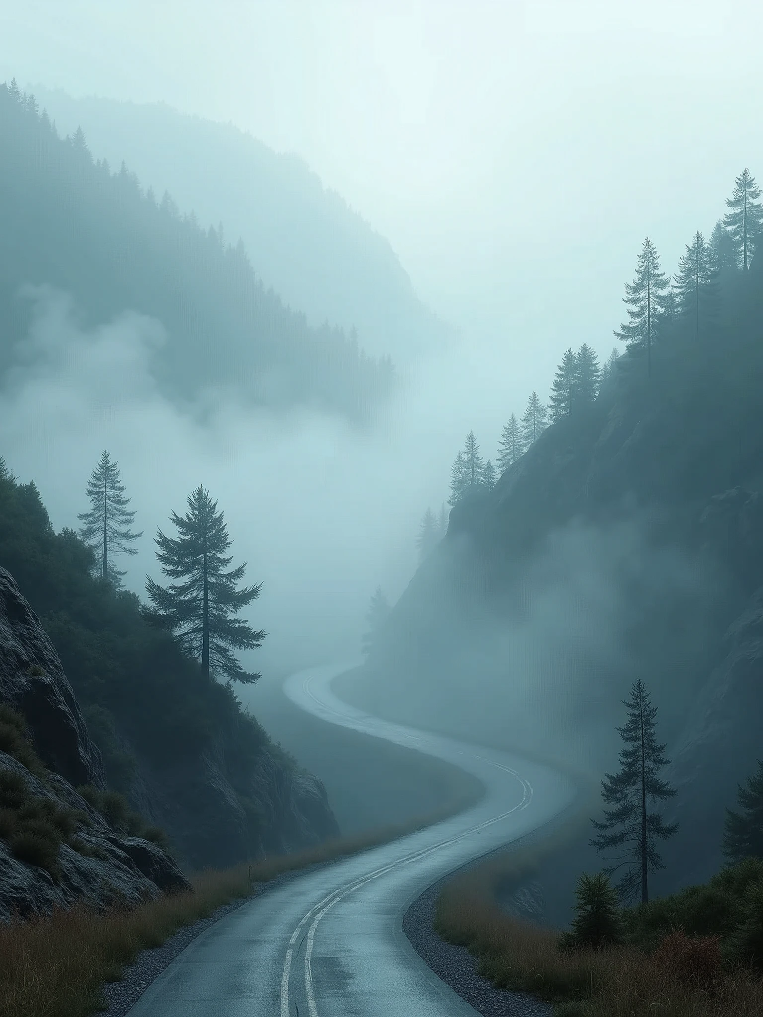 Feel the serenity and mystery of foggy mountain roads, captured with extraordinary depth and sharpness in Ultra HD