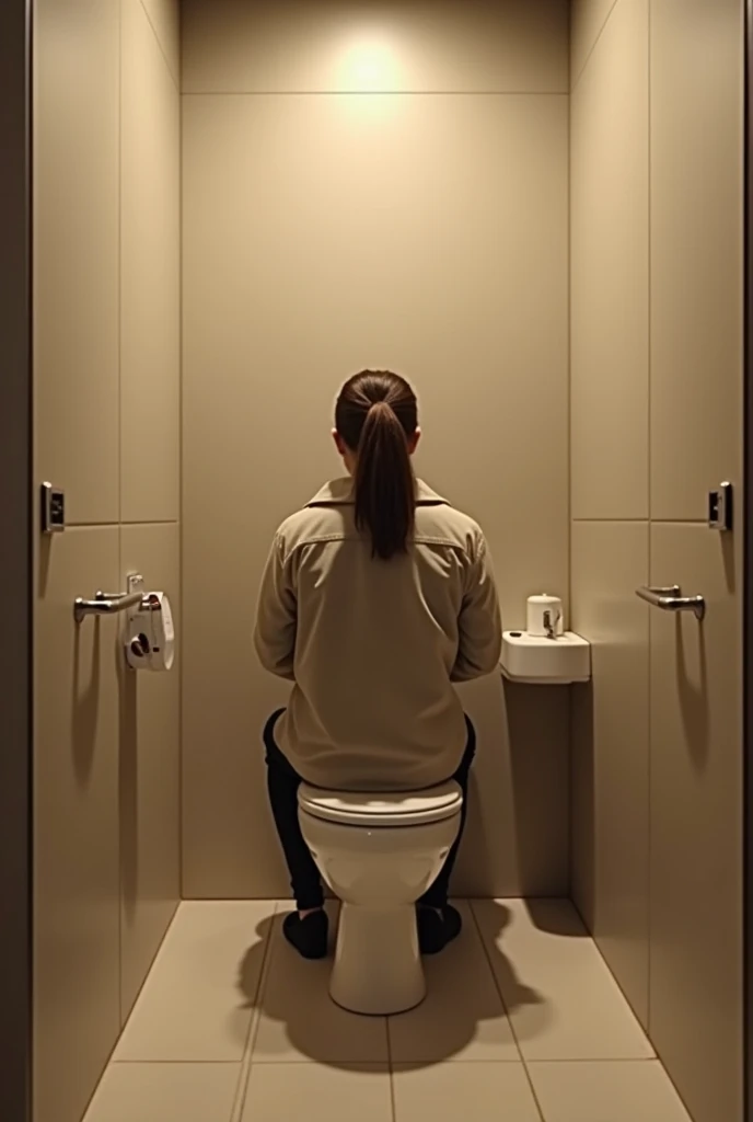 Create an image of a person with their back facing the viewer, sitting on someone’s lap in a clean and modern single-person restroom. The restroom features a sleek, minimalist design with neutral-colored walls and floor tiles. A white ceramic toilet is positioned against the wall, with a small sink and mirror nearby. The person sitting on the lap is casually dressed, wearing a light jacket or sweater, and their posture suggests a sense of relaxation. The lighting is soft and warm, creating a calm and intimate atmosphere in the small, cozy space.