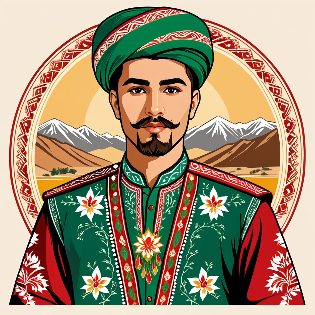 man in tajikistan folk outfit, vector graphics, strong contours, logo design