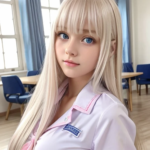 crystal clear big blue eyes、Super long platinum blonde hair、Bangs between the eyes、Smooth ultra silky straight hair、Pink school uniform、shiny young white beautiful skin、Sexy and very beautiful good looks、Beautiful and cute face、very beautiful 17-year-old girl、Large breasts