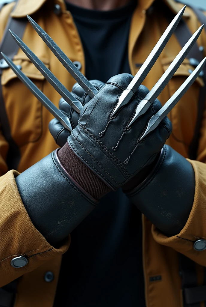 Design an image featuring Wolverine's iconic claws extended from his gloved hands, without showing the rest of his body. The hand should be positioned in the classic crossed style that Wolverine is known for, with the claws prominently displayed and the gloves detailed with a rugged, battle-worn look. The background should be minimalistic to keep the focus on the claws and gloves