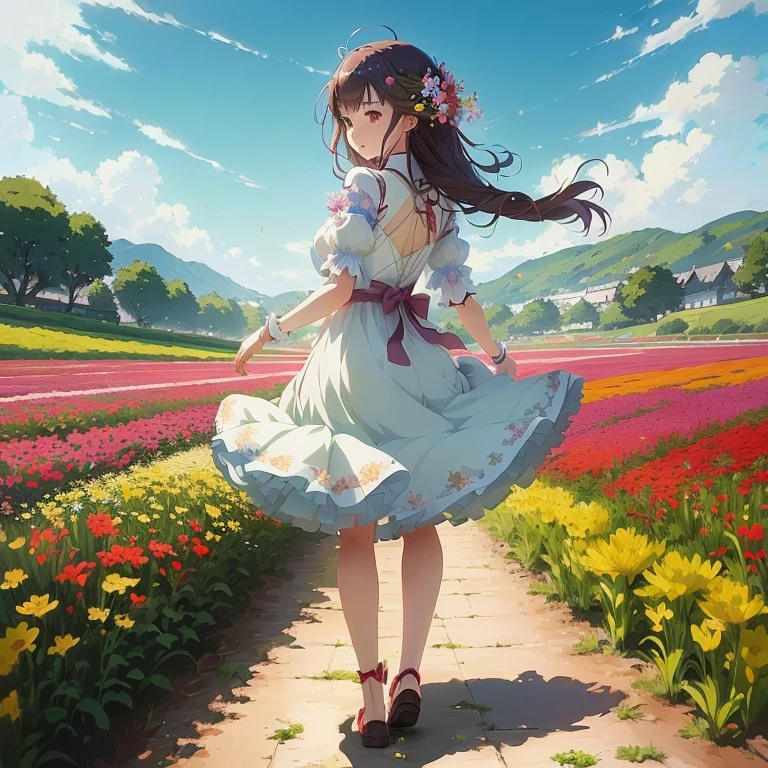 anime girl in a dress walking through a field of flowers, official artwork, girl walking in a flower field, cushart krenz key art feminine, official art, girl dancing in a flower field, loli in dress, anime style 4 k, girl in a flower field, standing in a flower field, official anime artwork, standing in flower field, guweiz